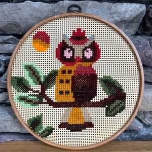 Owl Cross-Stitch Vintage Bohemian Wall Art Boho Decor Danish OOE